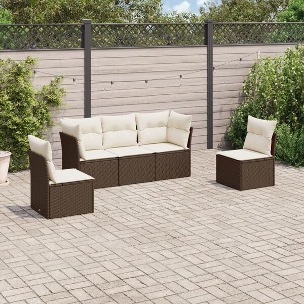 vidaXL Garden Sofa Set Brown and Cream White Poly Rattan 5 Piece Set