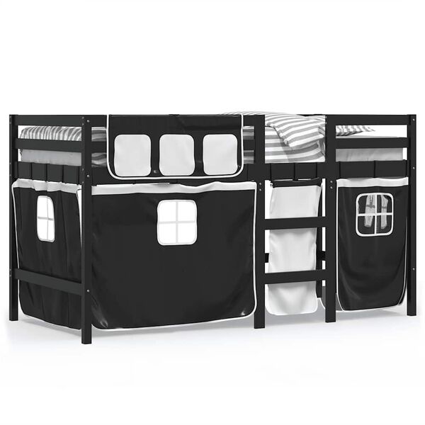 vidaXL Kids'Loft Bed White, Black Solid Pine Wood, 100% Polyester Single
