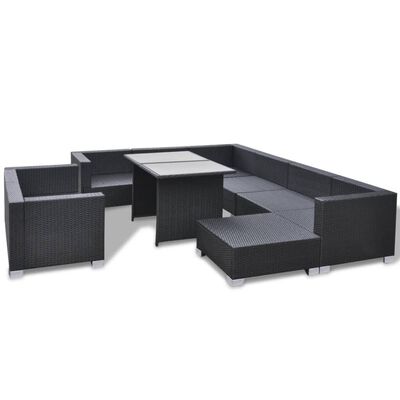 Outdoor sofa set with glass-top coffee table and matching seating modules.