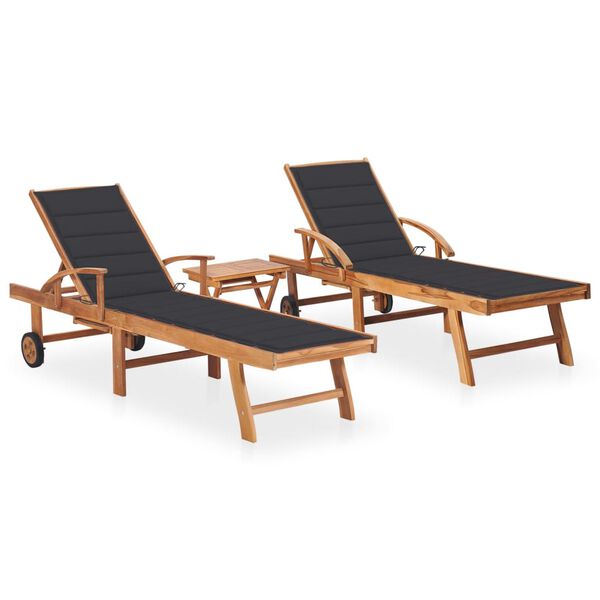 vidaXL Sun Loungers 2 pcs with Table and Cushion Solid Teak Wood