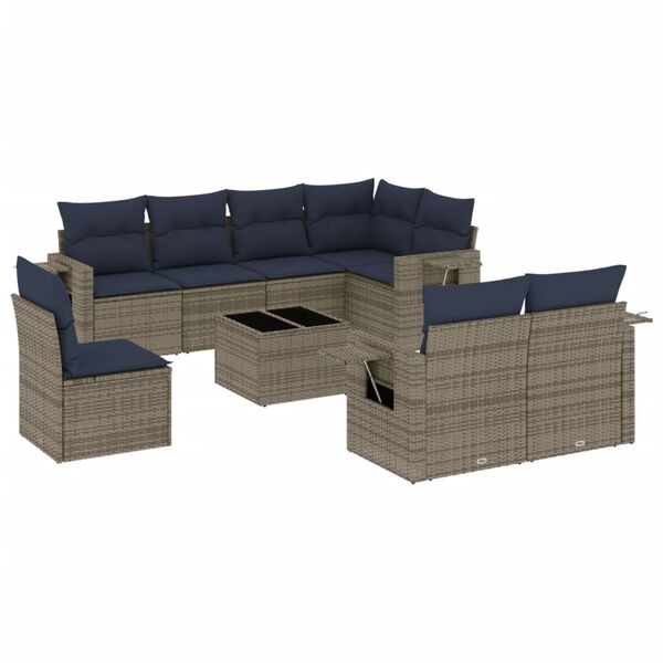 vidaXL 9 Piece Garden Sofa Set with Cushions Grey Poly Rattan