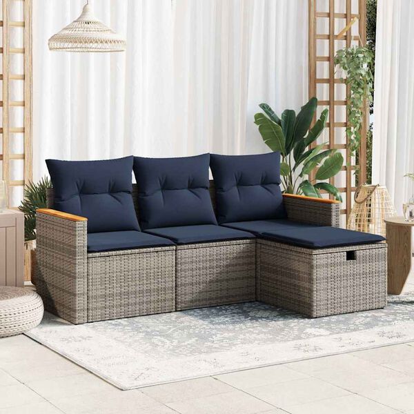 vidaXL 4 Piece Patio Sofa Set with Cushions Gray Poly Rattan