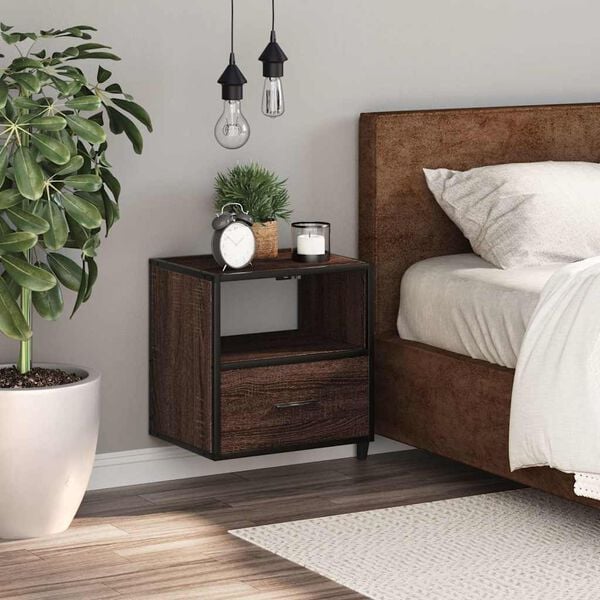 vidaXL Wall-mounted Bedside Cabinet Brown Oak Engineered wood, metal