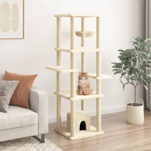 vidaXL Cat Tree Cream Engineered wood, plush, sisal Medium Modern