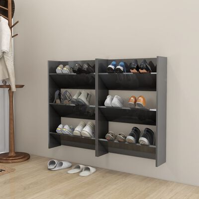 vidaXL Wall Shoe Cabinets 2 pcs High Gloss Gray 23.6"x7.1"x35.4" Engineered Wood