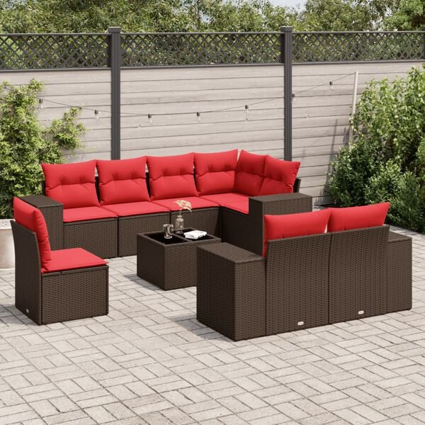 vidaXL 9 Piece Garden Sofa Set with Cushions Brown Poly Rattan