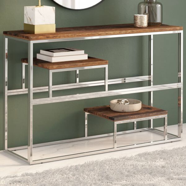 vidaXL Console Table Silver, Wood Stainless steel, Solid wood Medium