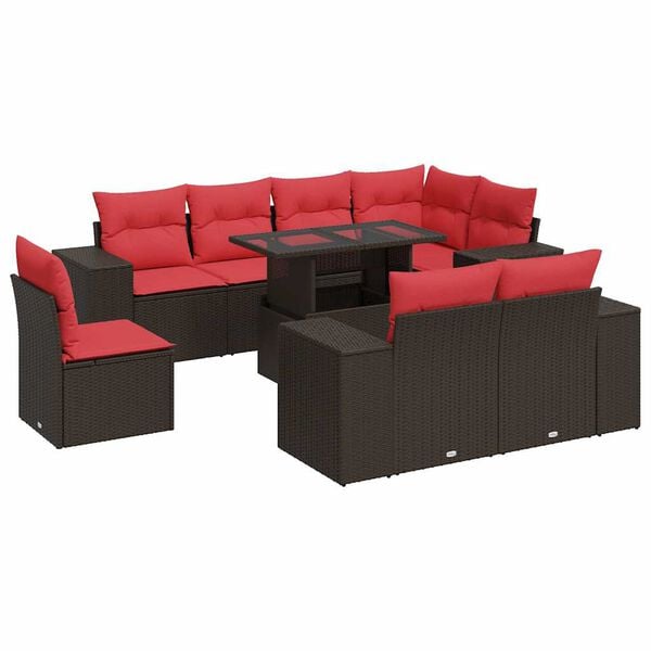 vidaXL 9 Piece Patio Sofa Set with Cushions Brown Poly Rattan Acacia