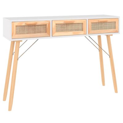 vidaXL Console Table White 41.3"x11.8"x29.5" Solid Wood Pine&Natural Rattan