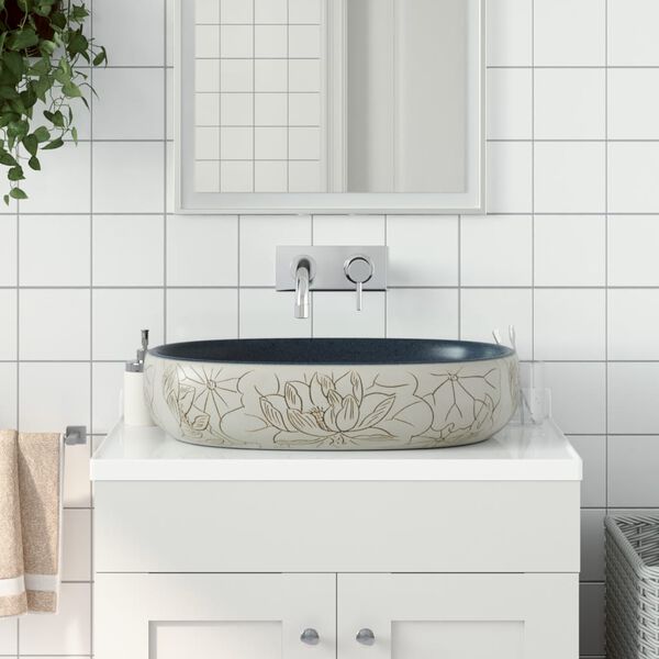 vidaXL Countertop Basin Sand and Blue Oval 23.2x15.7x5.5" Ceramic