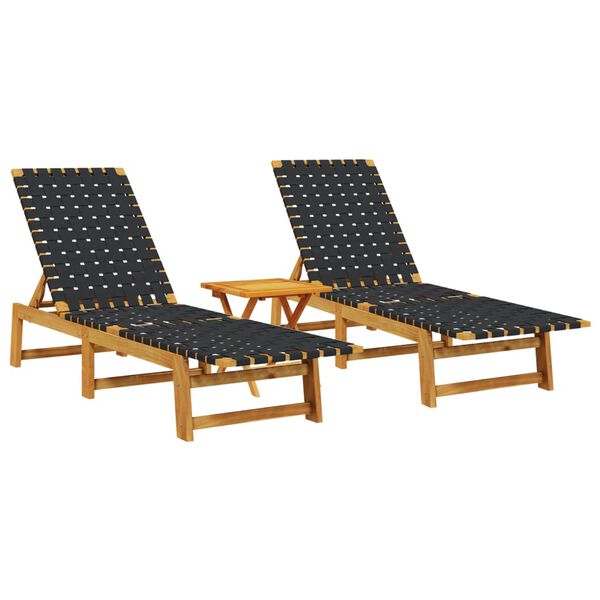 vidaXL Sun Lounger Set of 2 Black and brown Solid acacia wood Standard