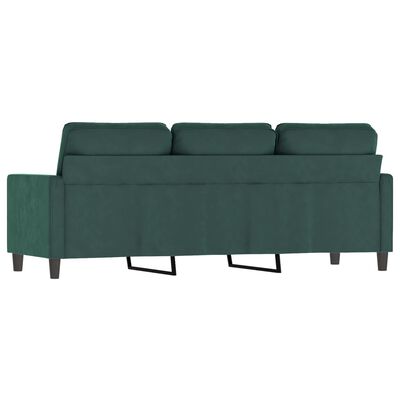 Back view of a dark green sofa showing three back cushions, armrests on both ends, and legs.