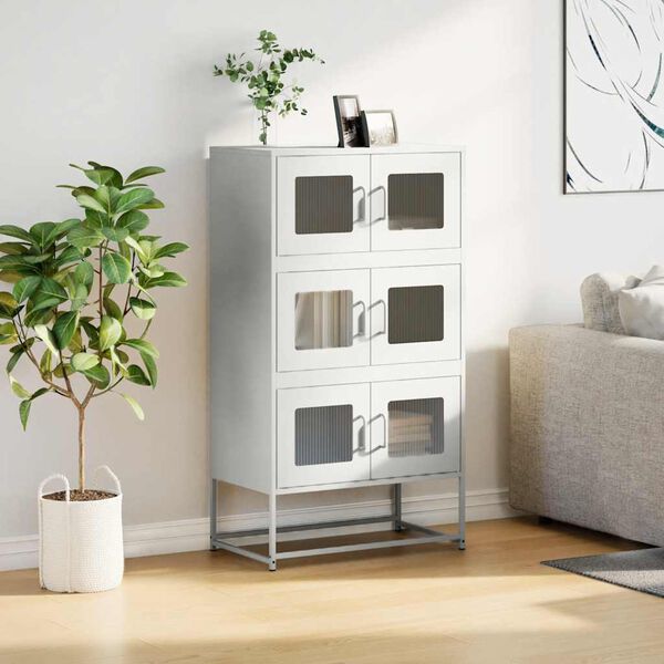 vidaXL Highboard White Cold-rolled Steel Tall Modern Storage Cabinet