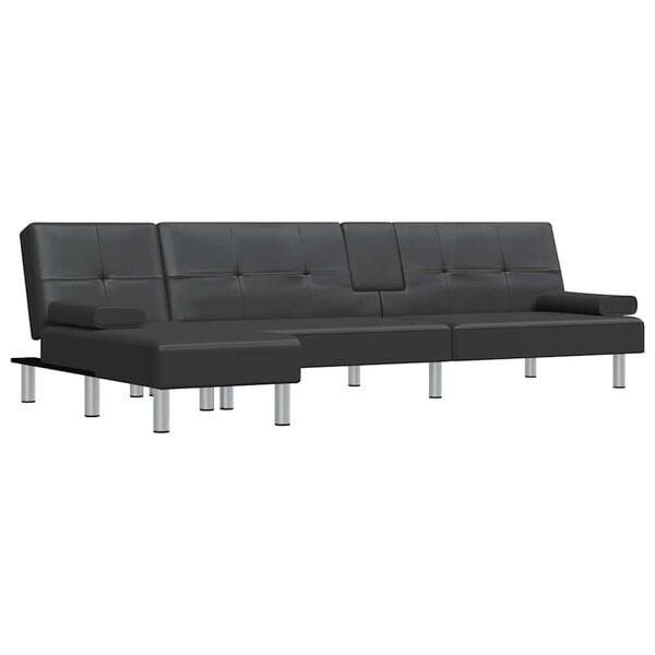 vidaXL L-shaped Sofa Bed Black Faux leather, plywood, metal Large