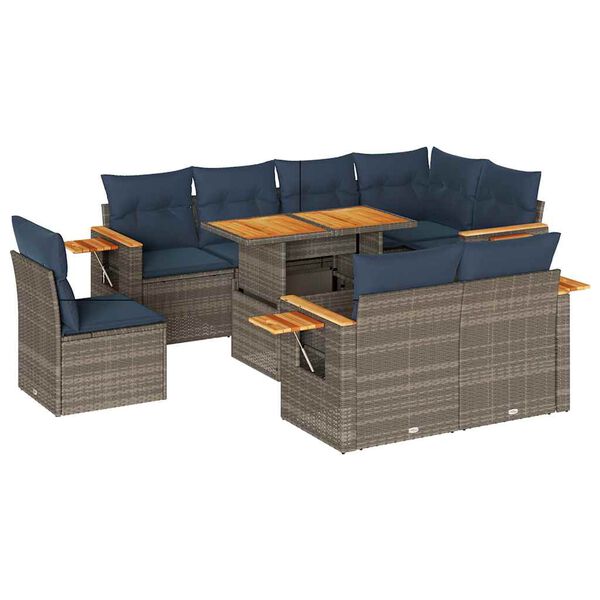 vidaXL 9 Piece Patio Sofa Set with Cushions Gray Poly Rattan Acacia