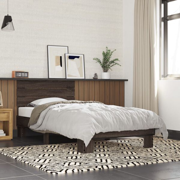 vidaXL Bed Frame Brown Oak Engineered Wood, Metal, Plywood Twin