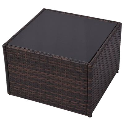 Close-up of dark brown wicker coffee table with flat surface