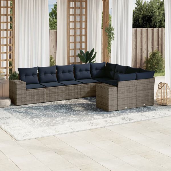 vidaXL 9 Piece Garden Sofa Set with Cushions Grey Poly Rattan