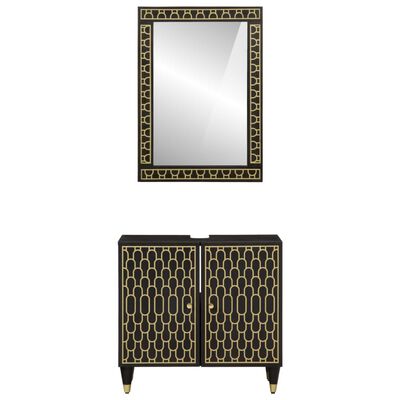 A tall wall mirror with black and gold frame above a two-door cabinet with gold geometric pattern on doors.