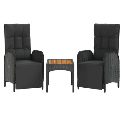 vidaXL Patio Reclining Chairs 2 Pcs with Table Black Poly Rattan