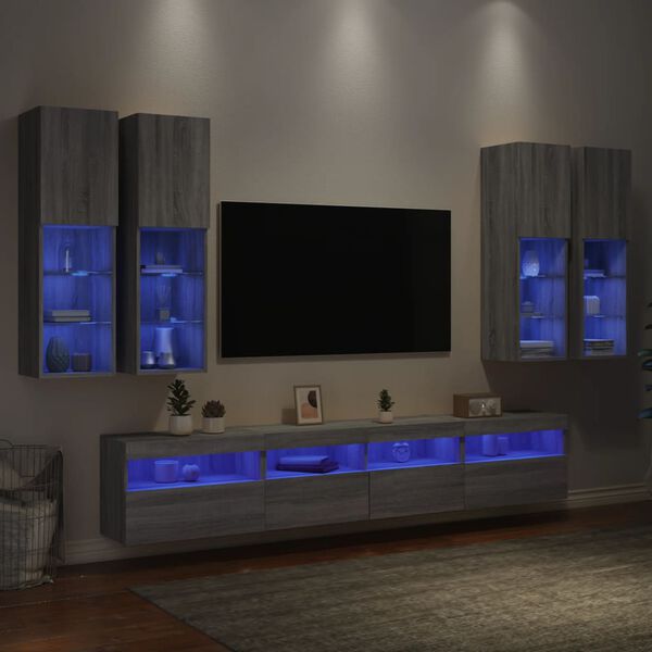 vidaXL 7 Piece TV Wall Stand Set with LED Lights Gray Sonoma