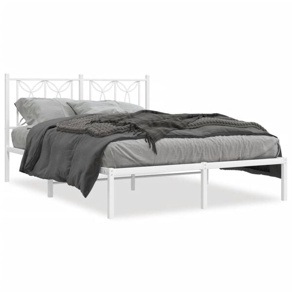 vidaXL Bed Frame White Steel 55 x 75 in Bed Frame Rectangular Modern