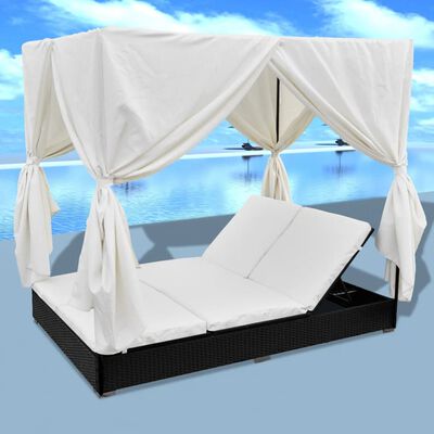 vidaXL Patio Lounge Bed with Curtains Poly Rattan Black