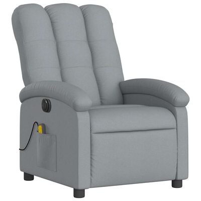 Front-left view of the grey recliner focusing on armrest and base.