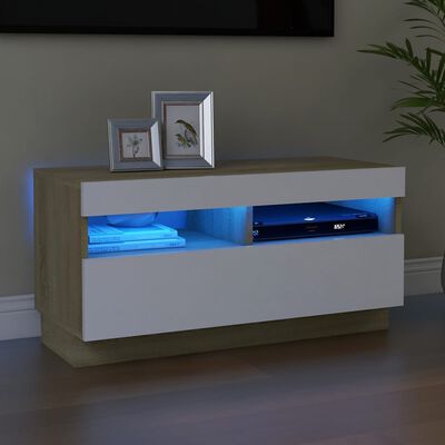 vidaXL TV Cabinet with LED Lights White and Sonoma Oak 32"x14"x16"