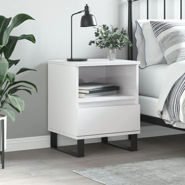 vidaXL Bedside Cabinet High gloss white Engineered wood, metal