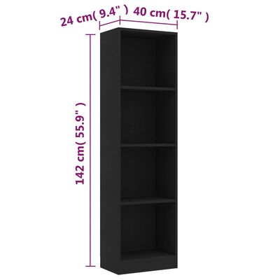 vidaXL 4-Tier Book Cabinet Black 15.7"x9.4"x55.9" Engineered Wood