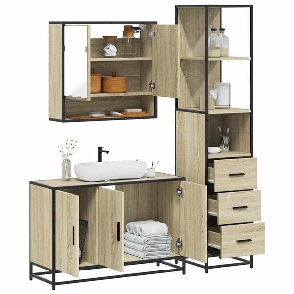vidaXL Bathroom Furniture Set Sonoma Oak Engineered Wood, Metal Large