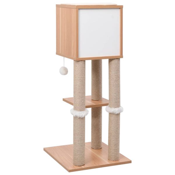 vidaXL Cat Tree Brown, White Wood, MDF, Jute, Sisal, Faux Fur