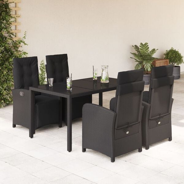 vidaXL 5 Piece Patio Dining Set with Cushions Black Poly Rattan