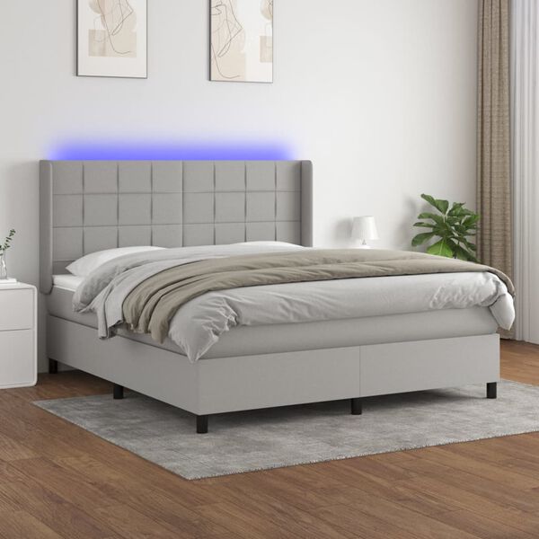 vidaXL Box Spring Bed with Mattress&LED Light Gray 72"x83.9" California King Fabric