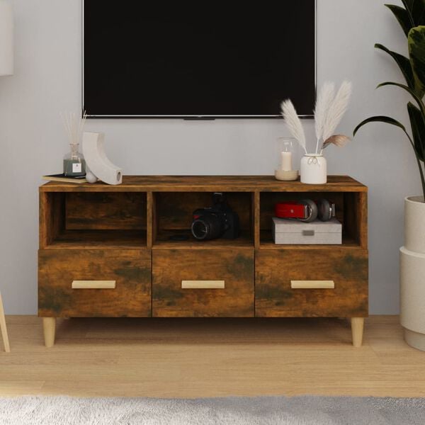 vidaXL TV Cabinet Smoked Oak Engineered Wood, Solid Eucalyptus Wood