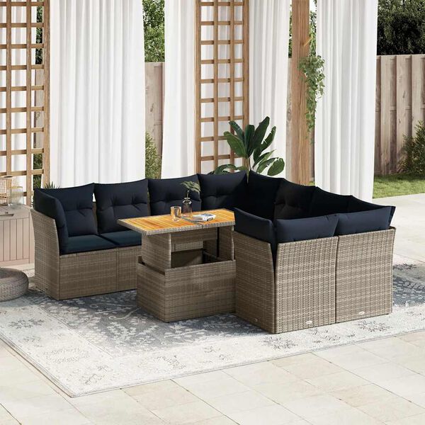 vidaXL 9 Piece Patio Sofa Set with Cushions Gray Poly Rattan