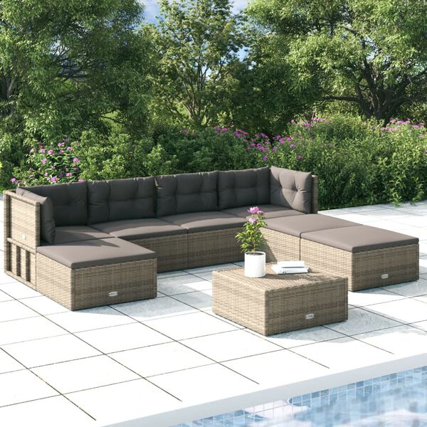 vidaXL Garden Lounge Set Gray PE Rattan, Powder-Coated Steel Large