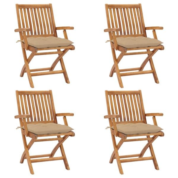 vidaXL Patio Chair Set of 4 Natural Teak Teak wood, Polyester Medium