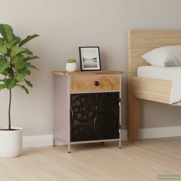 vidaXL Bedside Cabinet Rough mango wood with natural finish, silver iron