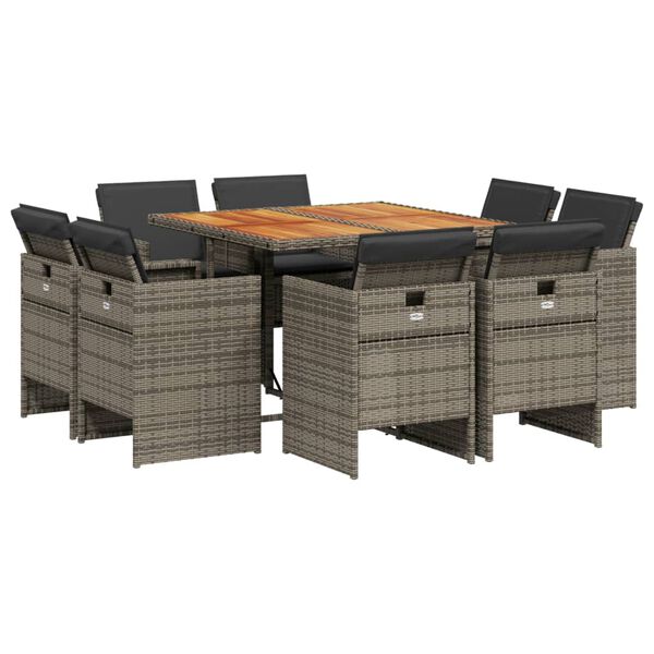 vidaXL 9 Piece Patio Dining Set with Cushions Gray Poly Rattan