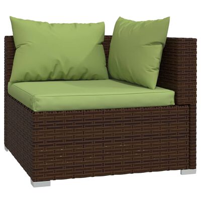Brown wicker loveseat/sofa with two green cushions and an armrest cushion.