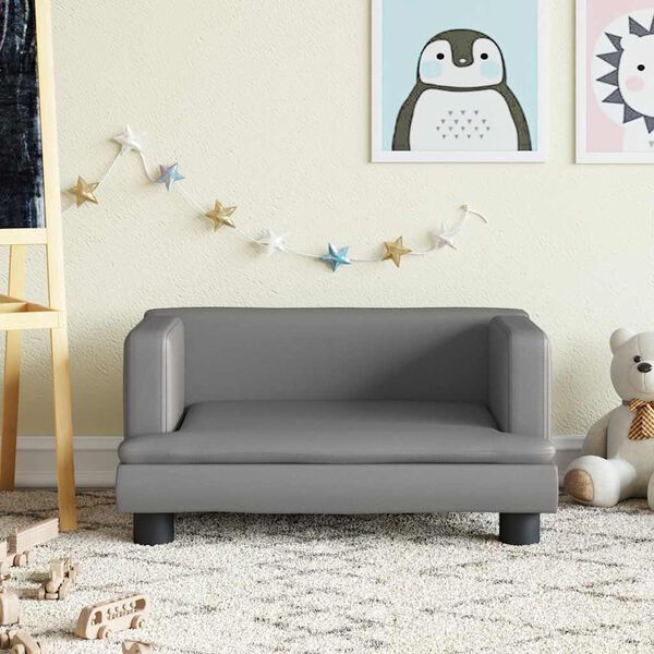 vidaXL Kids Sofa Grey Faux leather, solid pine wood, foam Mini Modern
