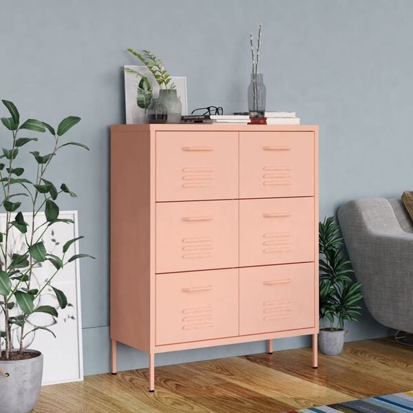 vidaXL Drawer Cabinet Pink Steel Large Drawer Cabinet Rectangular