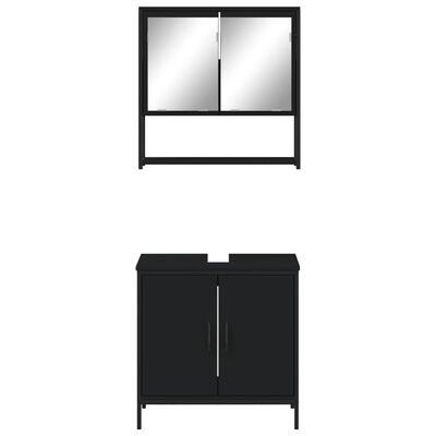 Wall-mounted mirror cabinet above a separate black vanity cabinet with doors.