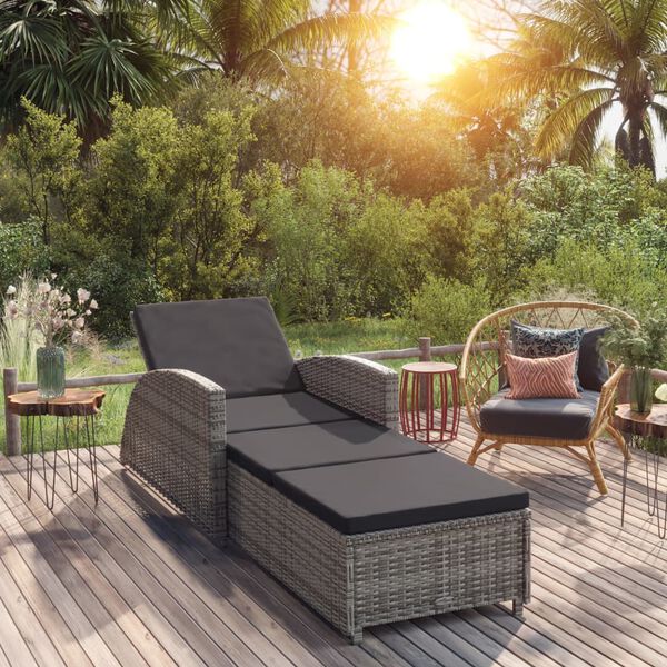 vidaXL Sun Lounger Grey, Dark grey PE rattan, Powder-coated steel, Fabric