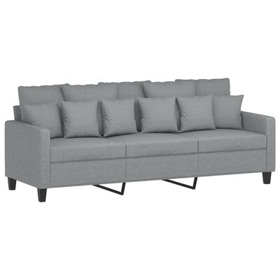 Grey three-seat sofa with multiple back cushions and armrests, metal legs.