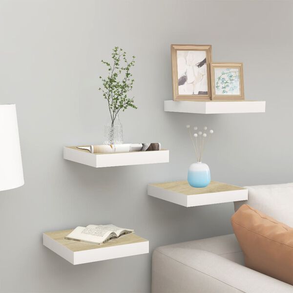 vidaXL Wall Shelf Set of 4 Oak and white Honeycomb MDF, metal