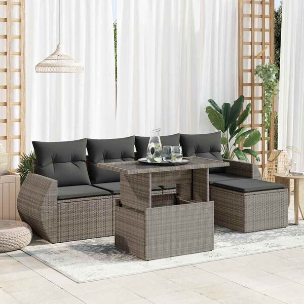 vidaXL Garden Sofa Set Grey PE Rattan 6 Piece Set Adjustable Armrests