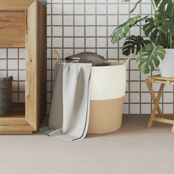 vidaXL Storage Basket Beige and White 100% Cotton Medium Collapsible